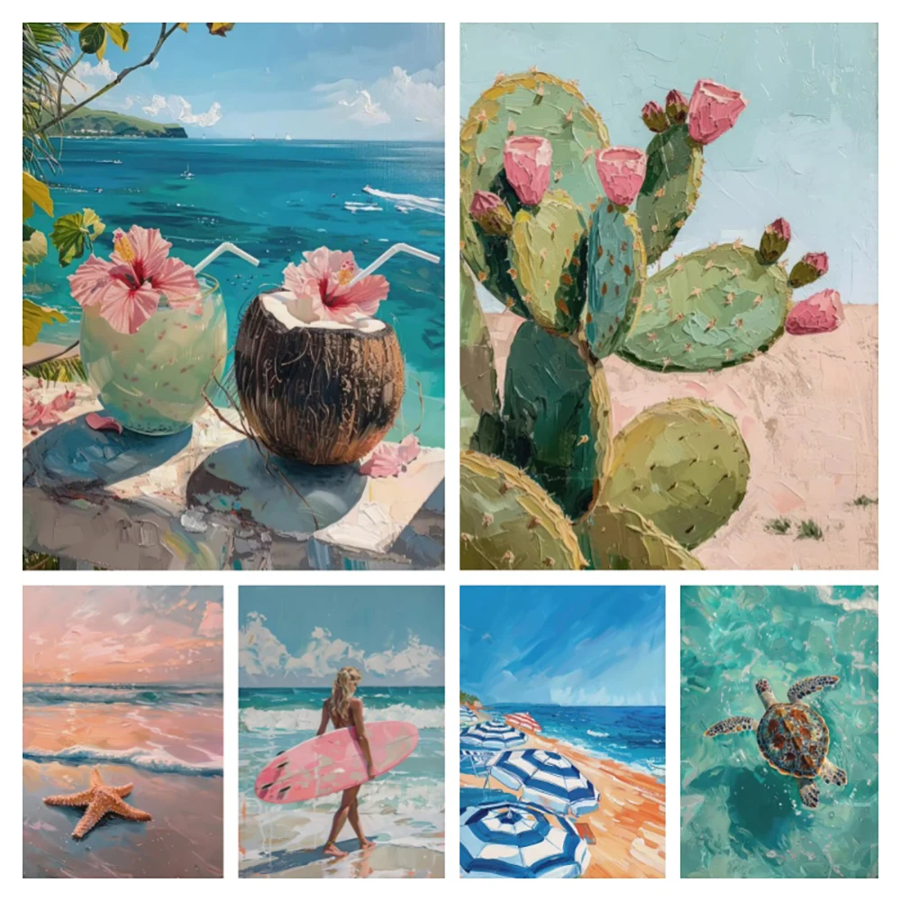 Beach Summe Cactus Canvas Painting Palm Tree Sea Turtle Seashells Nordic Poster and Print Wall Art Pictures for Room Home Dec