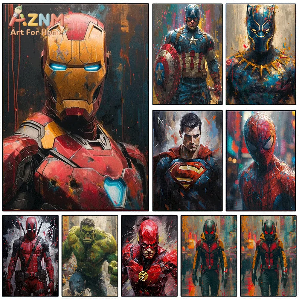 AZNM - Pintura al óleo estilo graffiti, estilo Marvel DC, superhéroe, lienzo sin marco, arte de pared, póster, Iron Man, Hulk, Spider-Man, decorativo