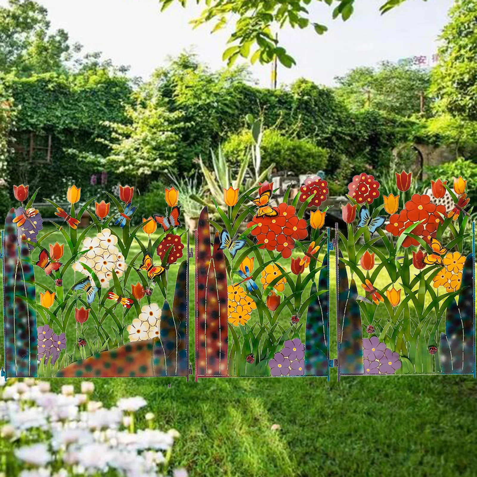 Outdoor Garden Edging Fence Barrier with Bright Flower Iron Art for Yard Backyard Wall Hanging Decoration