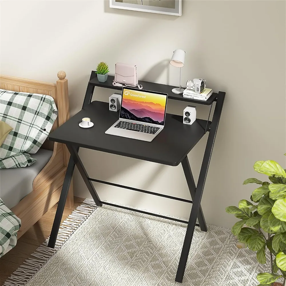 No Assembly Required , 2-Tier Foldable Computer Desk with Shelf , Space Saving Portable Laptop Study Foldable Table