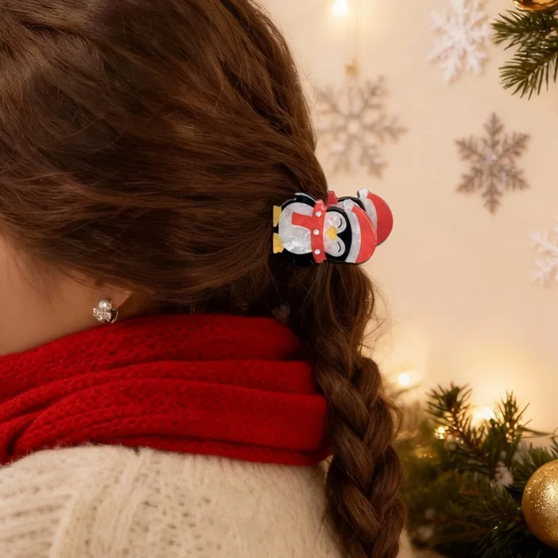 Small Hair Clip Santa Penguin Rhinestone Glitter for Women Girls Bangs and Side Clips Cute Daily Fashion Accessory Premium Resin