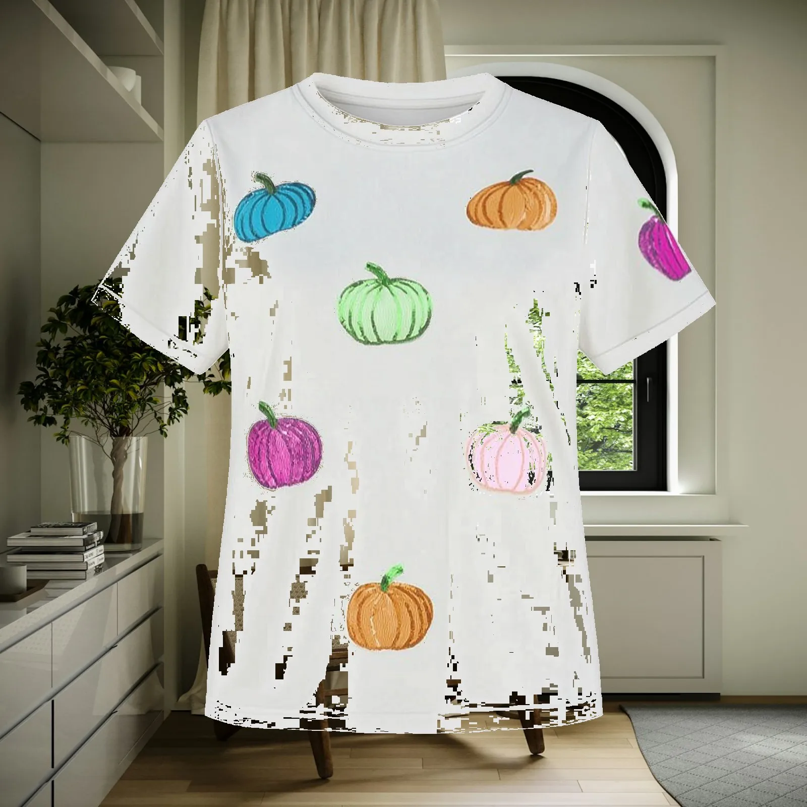 Summer Casual Tee for Women Pumpkin Print Loose Fit Polyester Short Sleeve Pullover Shirt Top