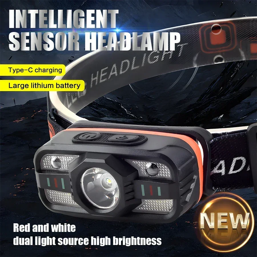 Smart IR Motion Sensor Headlamp Type-C USB Rechargeable Headlight Warning Light Waterproof Head Lamp Induction Head Flashlight