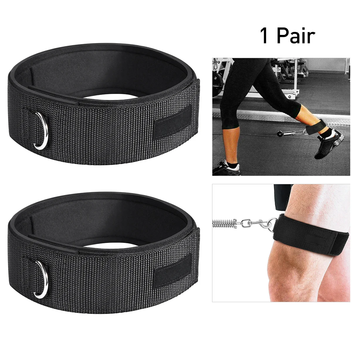 2 шт. регулируемые ремни на щиколотке, черный нейлон с хлопковой подкладкой D для тренажерных залов, кабельных машин, упражнений на ягодицы ног с сумкой для переноски