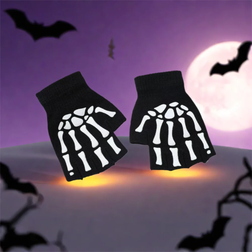 

Punk Style Skeleton Gloves Thicken Knitted Ghost Claw Pattern Half Finger Gloves For Children Halloween Party Photo Props