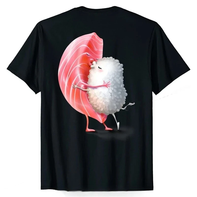 Romantic Japanese Tuna Sushi Hug and Kiss on Valentine Day T-Shirt Unisex T Shirt Women Vintage Casual Short Sleeve Funny Tees