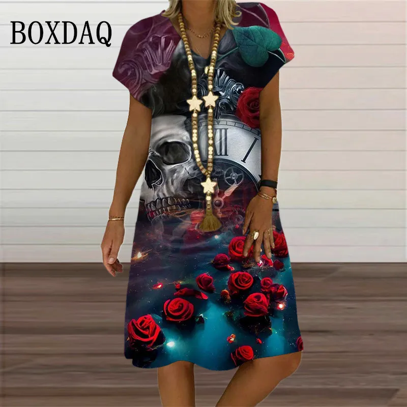 Red Rose Flowers Clock Skull Dress Women Vintage Short Sleeve 3D Print Dress Summer Casual V-Neck Loose Ladies Oversized Clothes