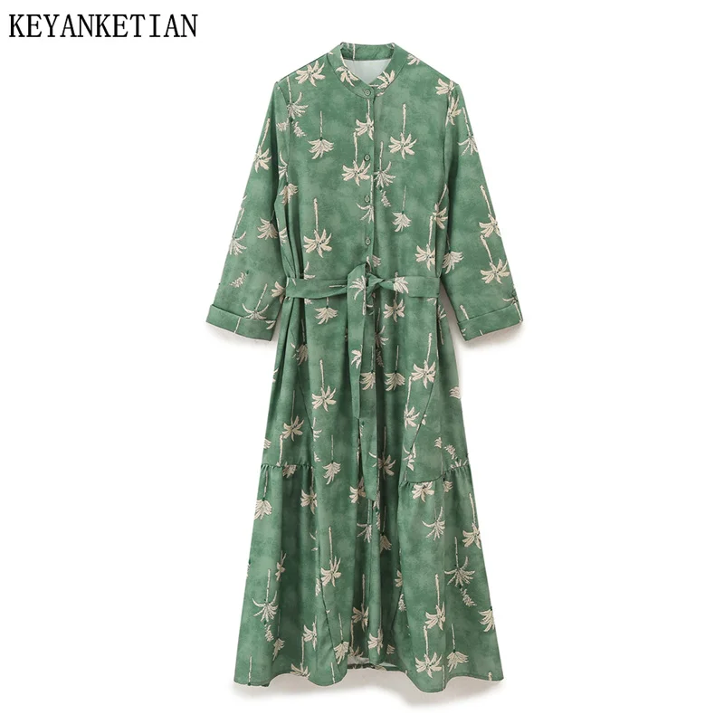 KEYANKETIAN 2024 New Launch Holiday wind  Flower Print With Belt MIDI Dress Women's Single Breasted Loose  Ankle-length Dress