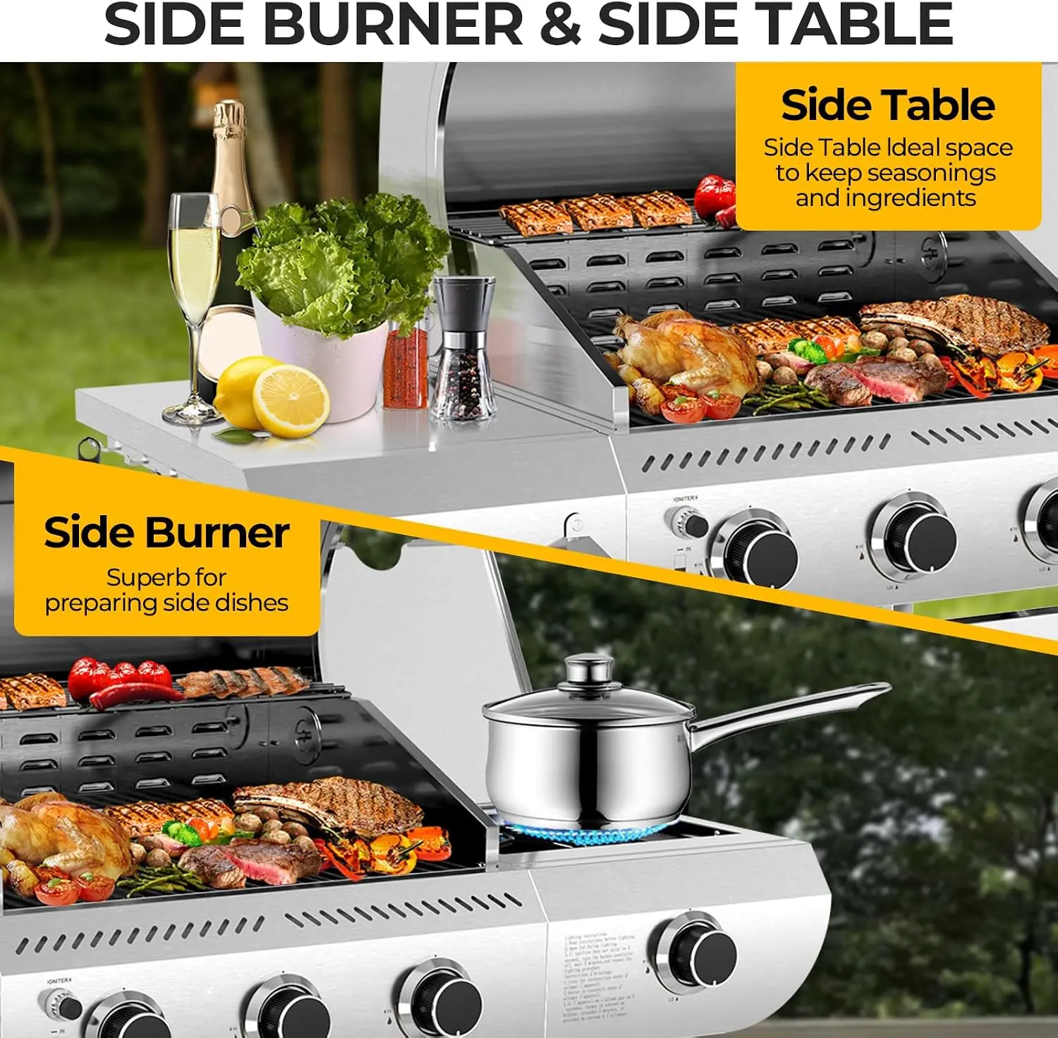 34,000 BTU 3-Burner Propane Gas Grill with Side Burner, All Stainless Steel BBQ Grill, Cast Iron Grates & Portable Cart with Whe