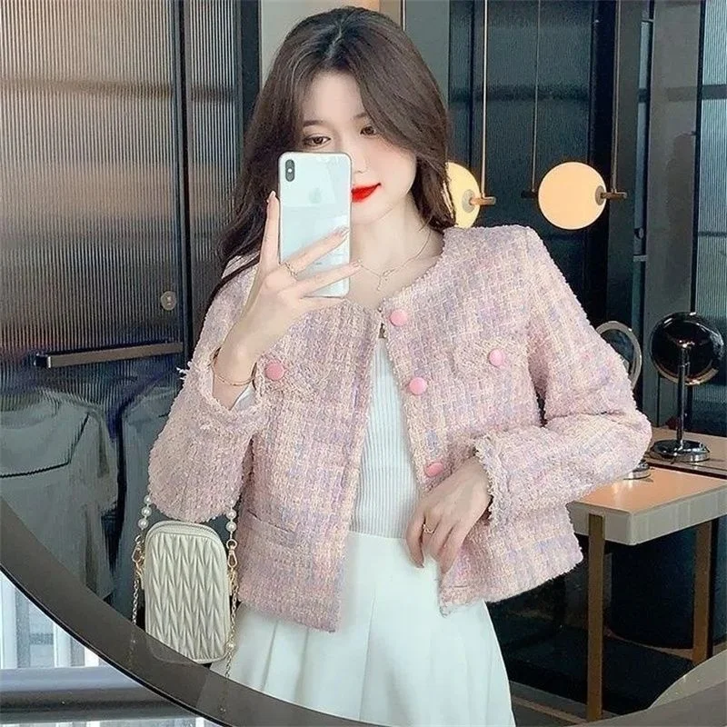 Elegant Short Tweed Jacket for Women Spring Autumn 2026 New Style High Quality Petite Top Autumn Winter Fashion Lady's Coat