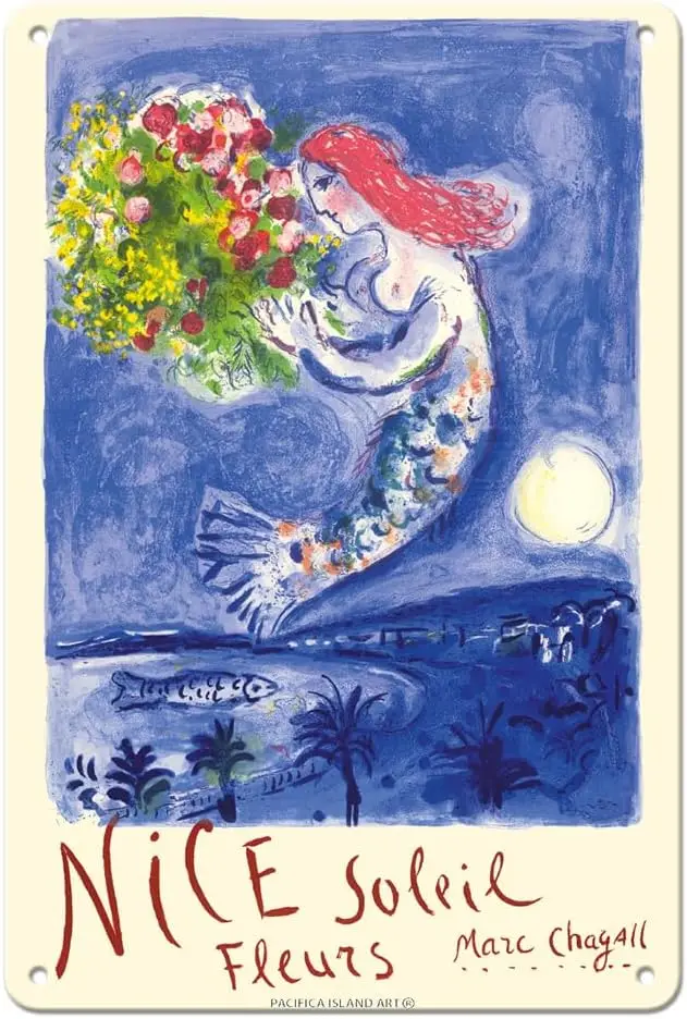 Pacifica Island Art Nice France - Sun and Flowers (Soleil Fleurs) - Vintage Travel Poster by Marc Chagall c.1962-8 x 12 inch Vin