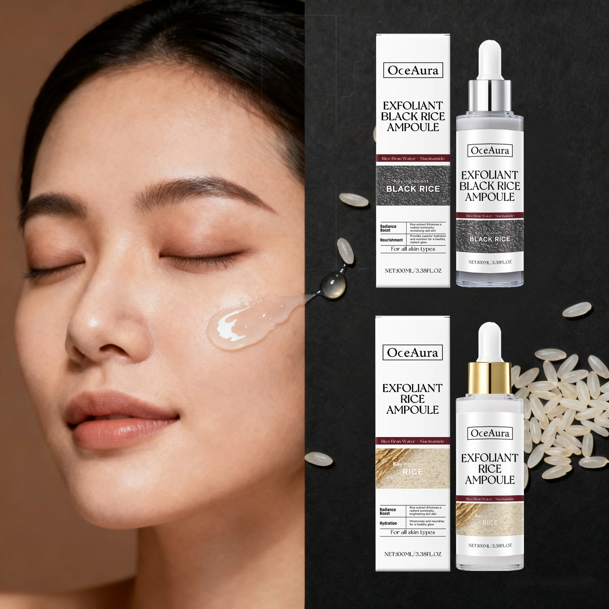 Suero exfoliante de arroz, producto para eliminar la piel muerta, reposición brillante Facial, Control de aceite, suero iluminador de ácido hialurónico de poros retráctil