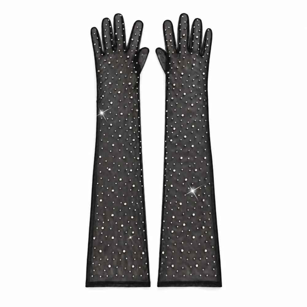 Black White Mesh Gloves Stretchy Full Finger Sheer Tulle Gloves Ultra Thin Rhinestone Decoration Bride Gloves Halloween Costume