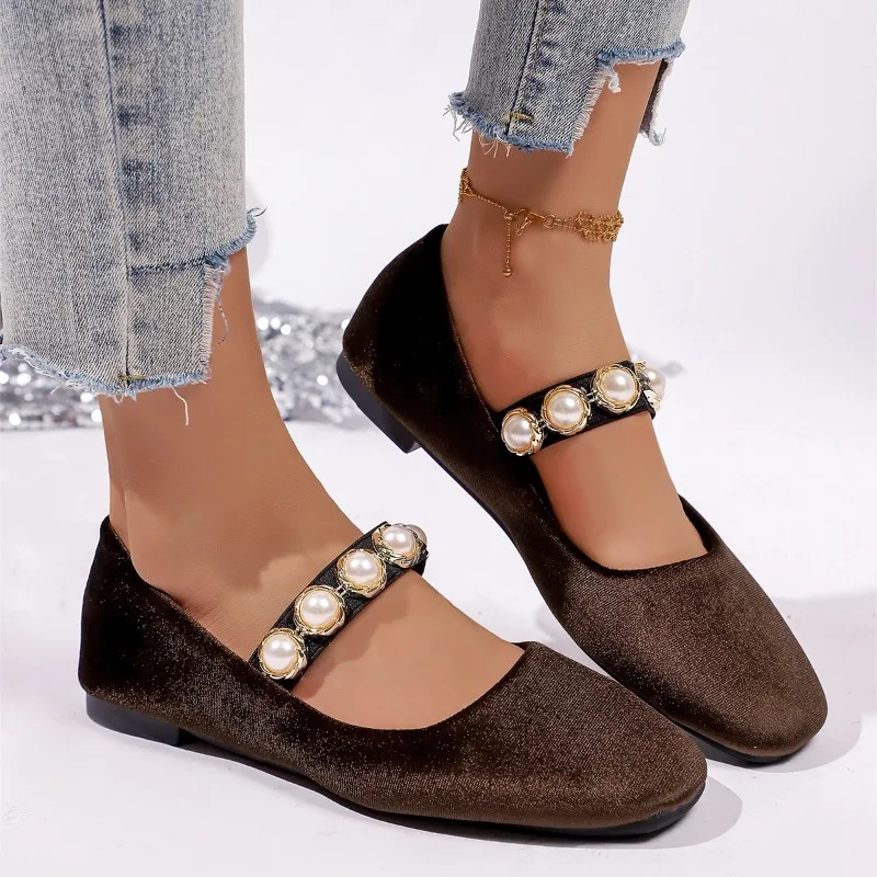 French Single Shoes Women 2026 New Spring and Autumn Square Toe Rhinestone Flower Mary Jane Shoes Women's Casual Shoes