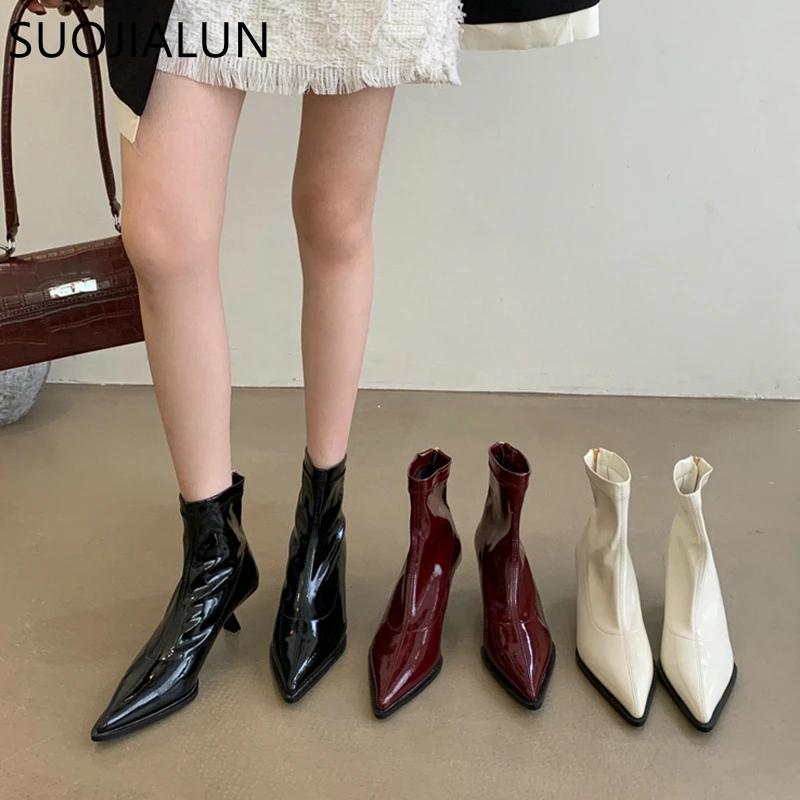 

SUOJIALUN 2023 Winter New Women Short Boot Fashion Pointed Toe Ladies Elegant Ankle Boots Shoes Thin Low Heel Chelsea Shoes