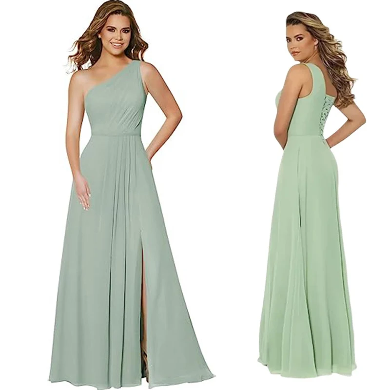 

Линия шифоновых платьев подружки невесты на одно плечо с разрезом и складками Элегантная свадебная вечеринка Формальный выпускной вечер на шнуровке сзади