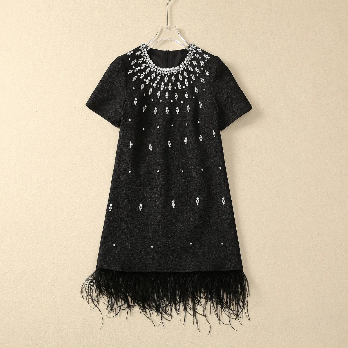 Europe and the United States women's 2024 summer new Round neck Short sleeve heavy nail bead fringe fashion Black dress