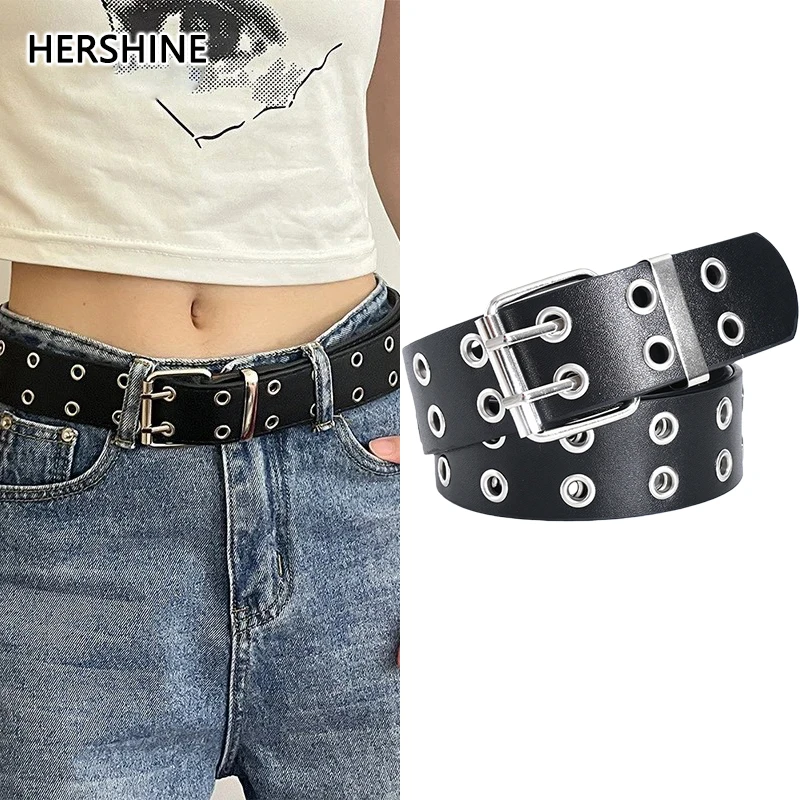 

Женский комплект черного двубортного кожаного ремня HERSHINE, Y2K Punk, Gothic, Street Rock, хип-хоп, весна, летние аксессуары