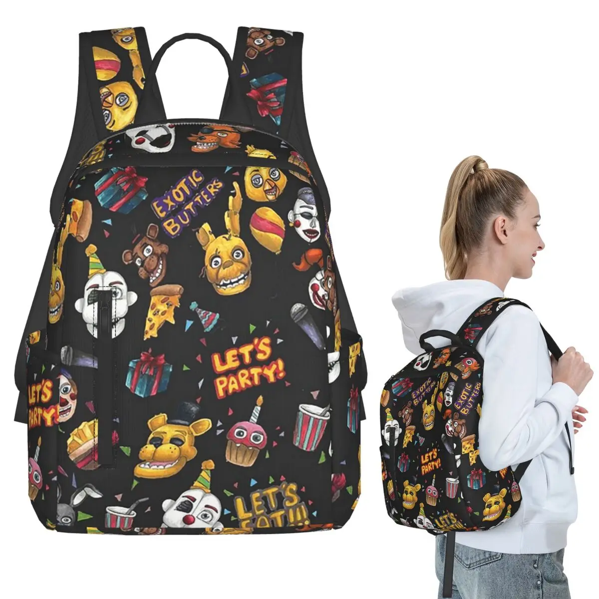 

FNAF - Let's Party - Black Backpack Student BookBag Children School Bag Computer Shoulder Bags Men Women