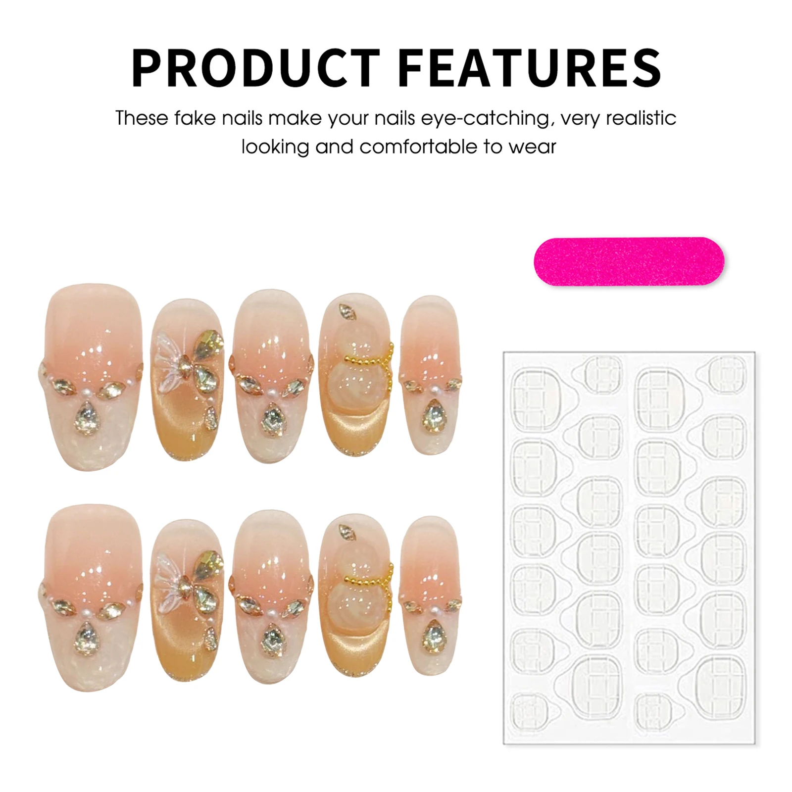 10Pcs Handmade Oval Head Press On Nails Gold Cat Eyes Glitter Crystal Design False Nail Patches For Wedding Party Daily Wearable view 5