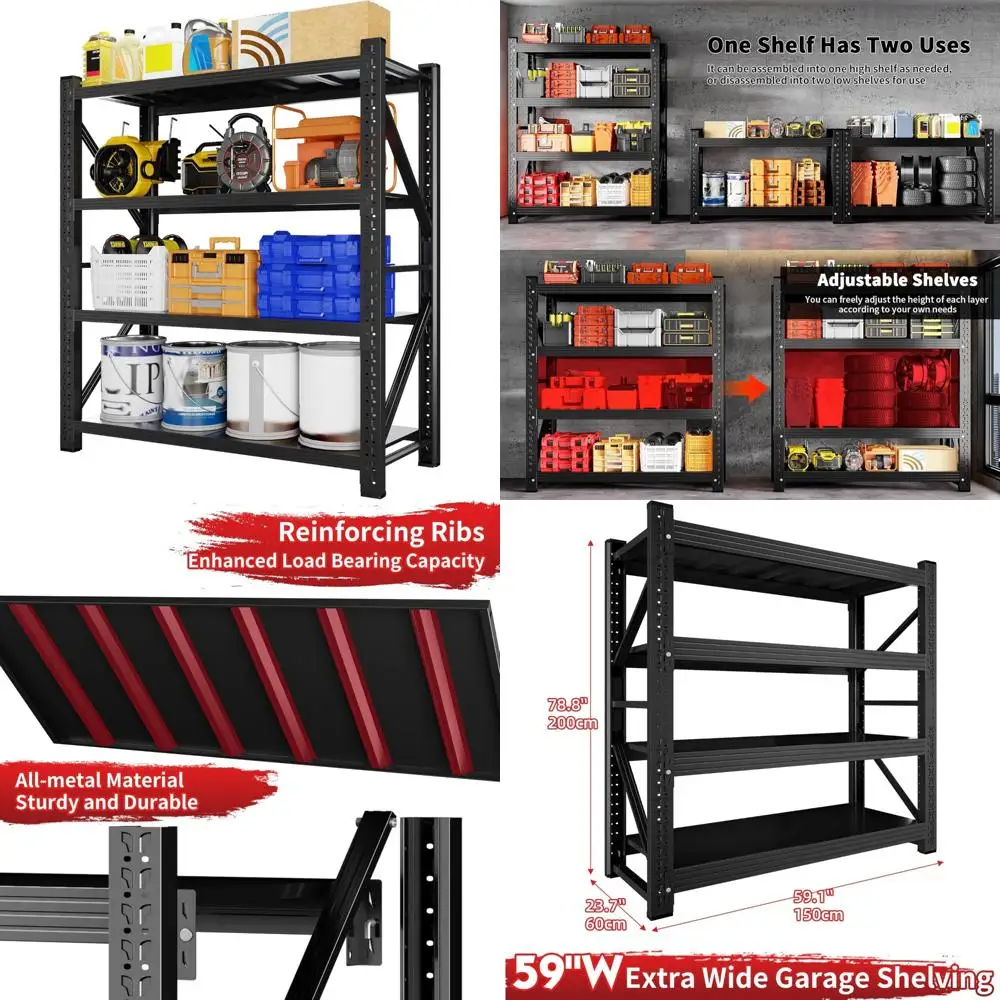 

Heavy Duty 4-Tier Adjustable Metal Garage Shelving Unit for Storage - 59 Wide, 5000 lbs Capacity, Ideal for Basement Organizatio