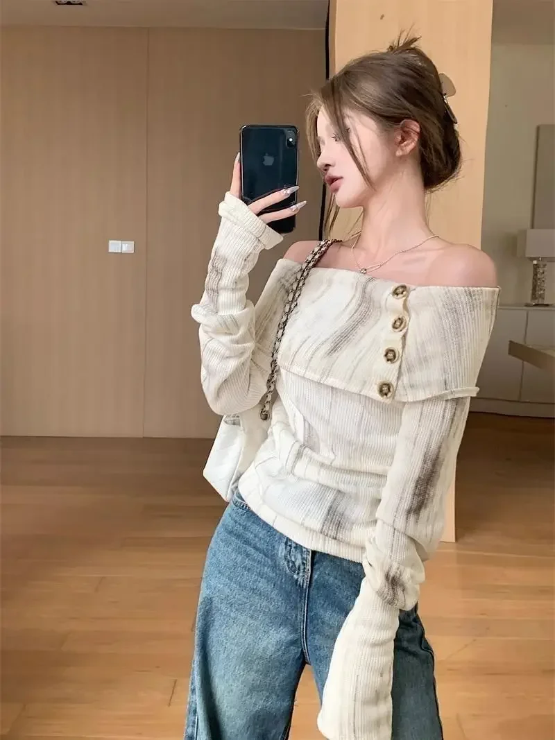 Women's Long Sleeve Top Spring Autumn New Knitwear Off Shoulder Top Women Y2k Clothes Korean Style Fashion Women's Clothing 2024