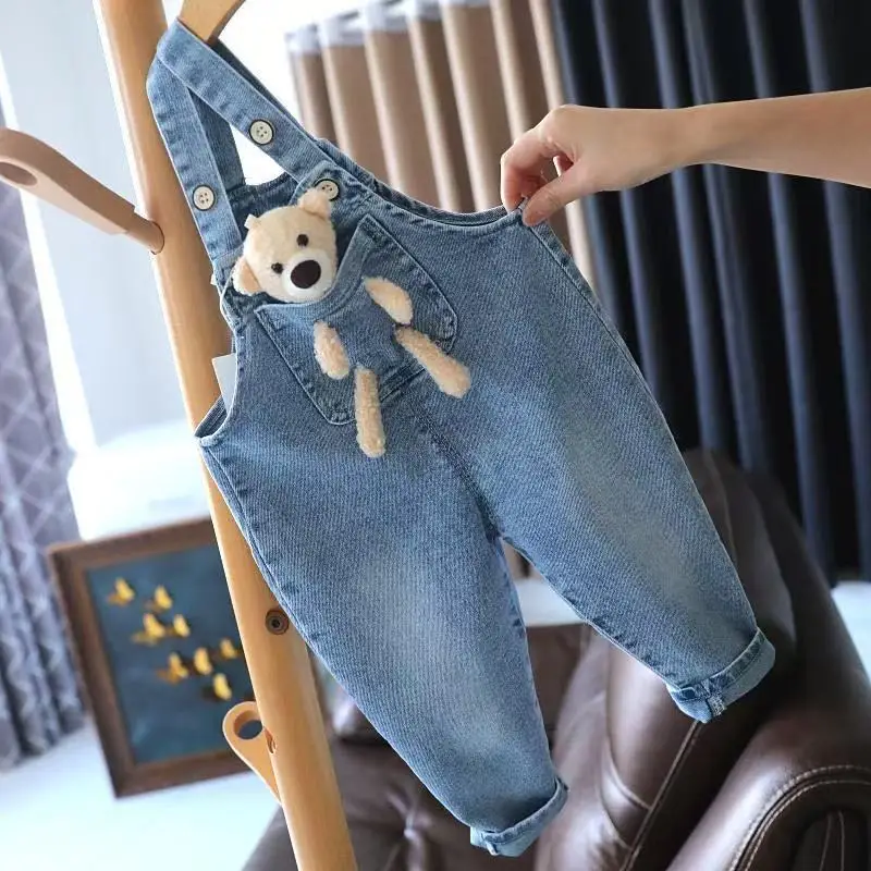 80-130CM Baby Girls Jeans Pants Spring and Autumn Children's Denim Pants Boys and Girls Casual Denim Strap Pants 0-6 Years