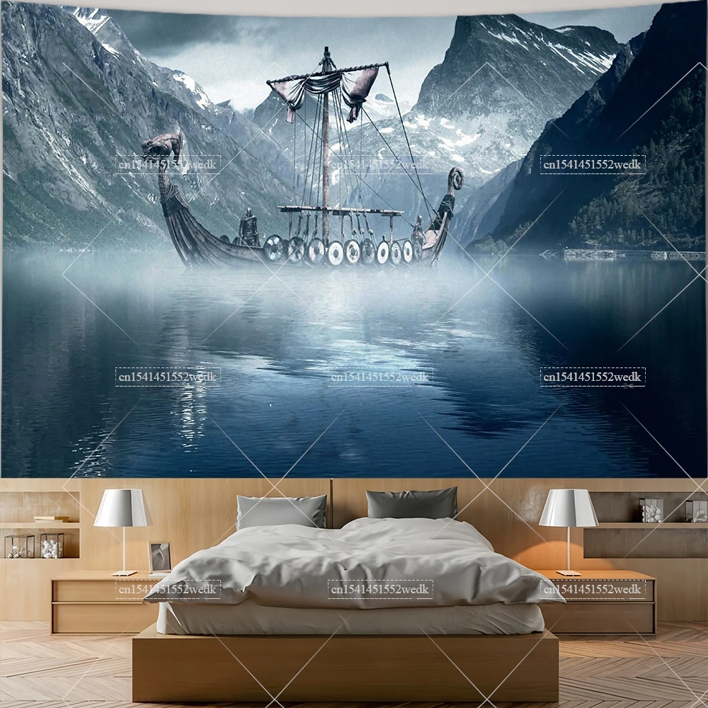 Viking Longship Tapestry Ancient Nordic Runes Wall Hanging Sea Landscape Tapestrys Room Decor Aesthetic College Dorm Wallpapers view 4