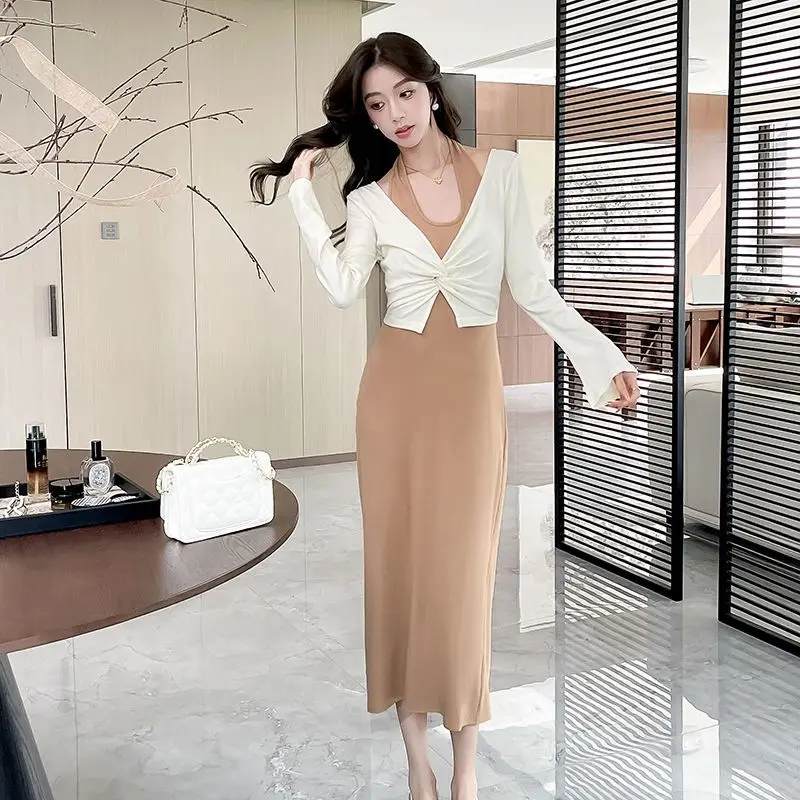 Autumn 2PCS Sexy Halter Backless Dress Twisted Sunscreen Shirt for Women Korean Slim Fit and Slimming Temperament Elegant Dress