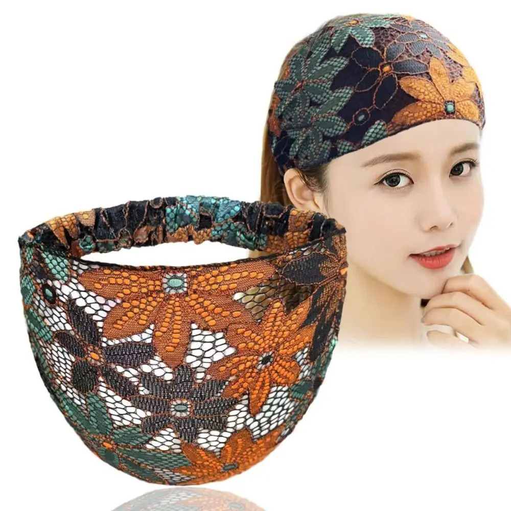 Fashion Non Slip Mesh Flower Headband Hair Hoop Hollow Lace Hairbands Elastic Korean Style Wide Side Head Wrap Daily