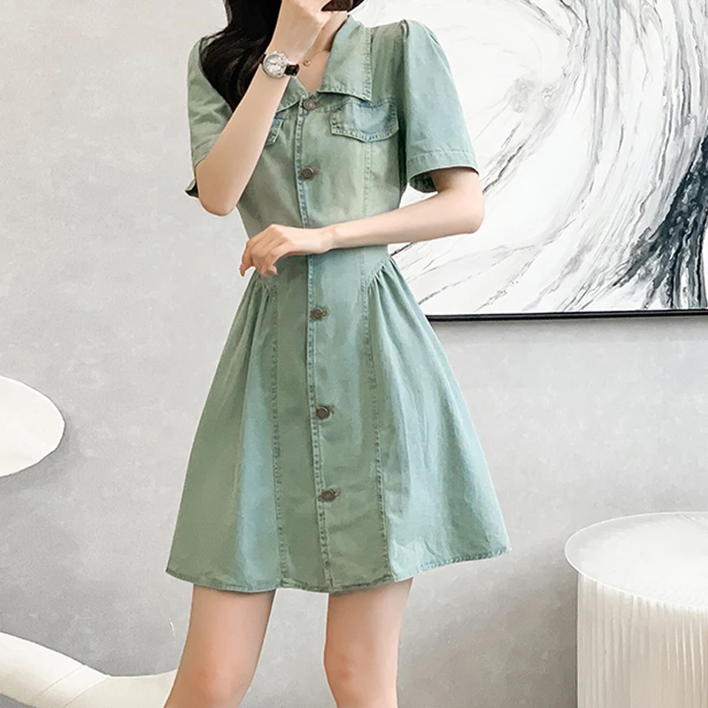 EVNISI Women Chic Short Sleeve Denim Dress Polo Collar Button Up Slim A-line Dresses Summer Women High Wais Office Vestido 2024