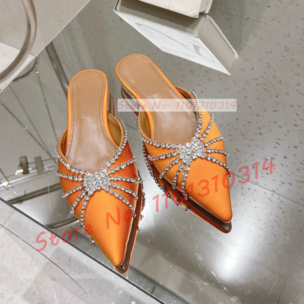 Crystal Wrap Pointy Toe Satin Slippers Women Luxury Sparkly Block Low Heel Shoes Ladies Trending Glittery Dress Flat Slides