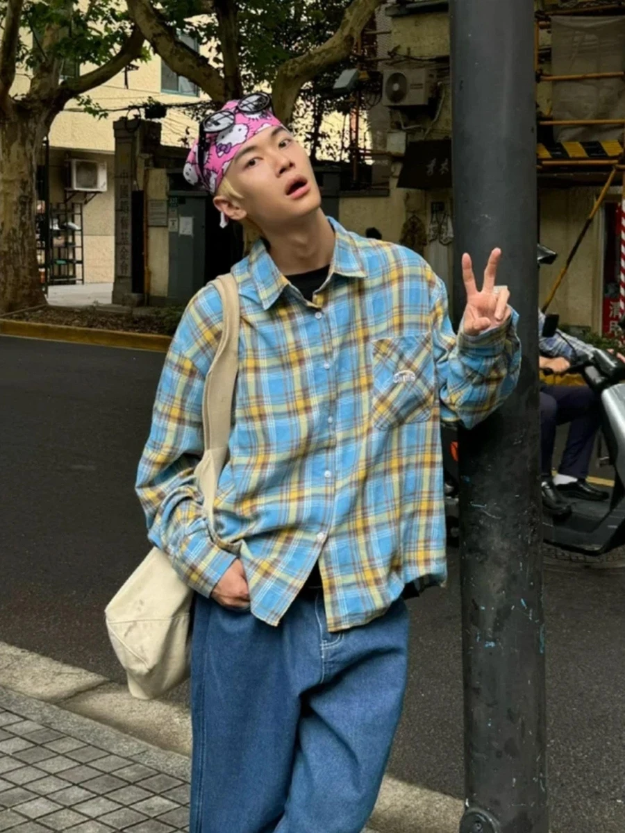 

Мужская рубашка в клетку с длинными рукавами, свободного кроя, из мягкой ткани, в американском ретро-стиле, весенне-осенняя, повседневная, универсальная, на пуговицах