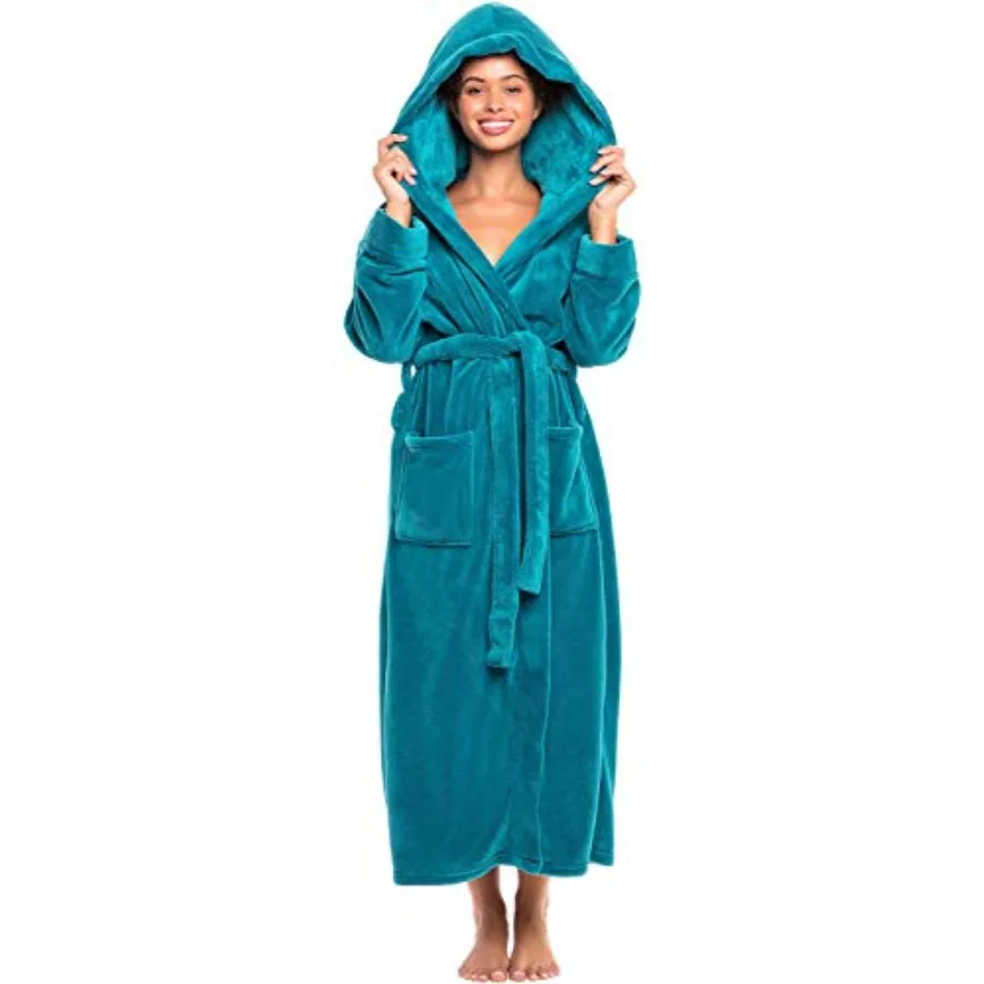 Plush Fleece Robe for Women Long Hooded Bathrobe with Hood Plus Size