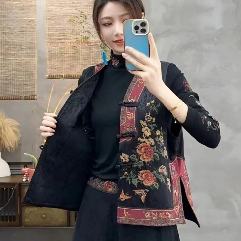 2024 chinese vintage vest hanfu tops satin jacquard cotton-padded thicken vest national flower embroidery sleeveless jacket