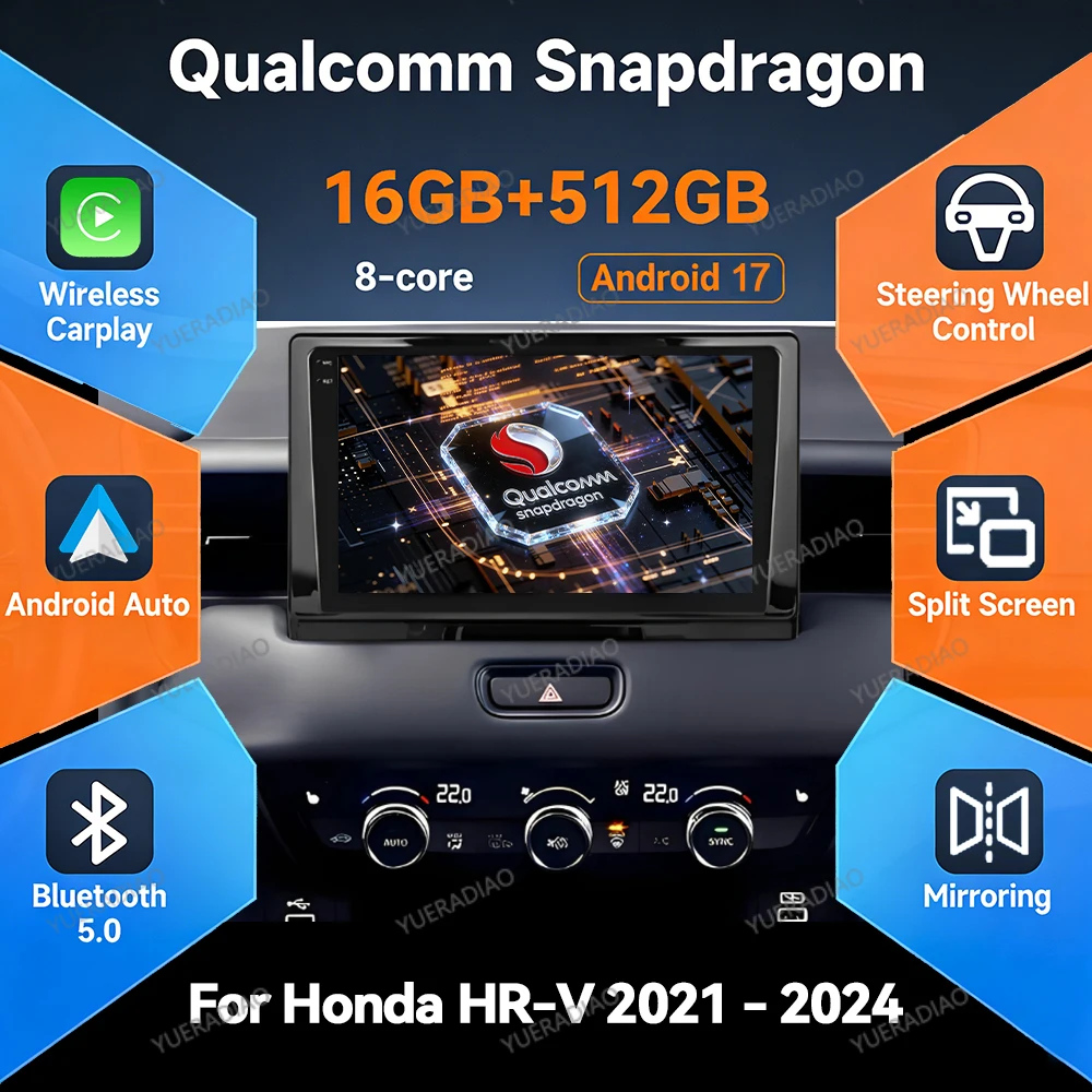 Rádio Automotivo Android 17 para Honda HR-V RV RZ 2021, Reprodutor Multimídia de Vídeo 4G WIFI GPS NAVI Qualcomm BT, Central Multimídia 2DIN QLED LTE 5G