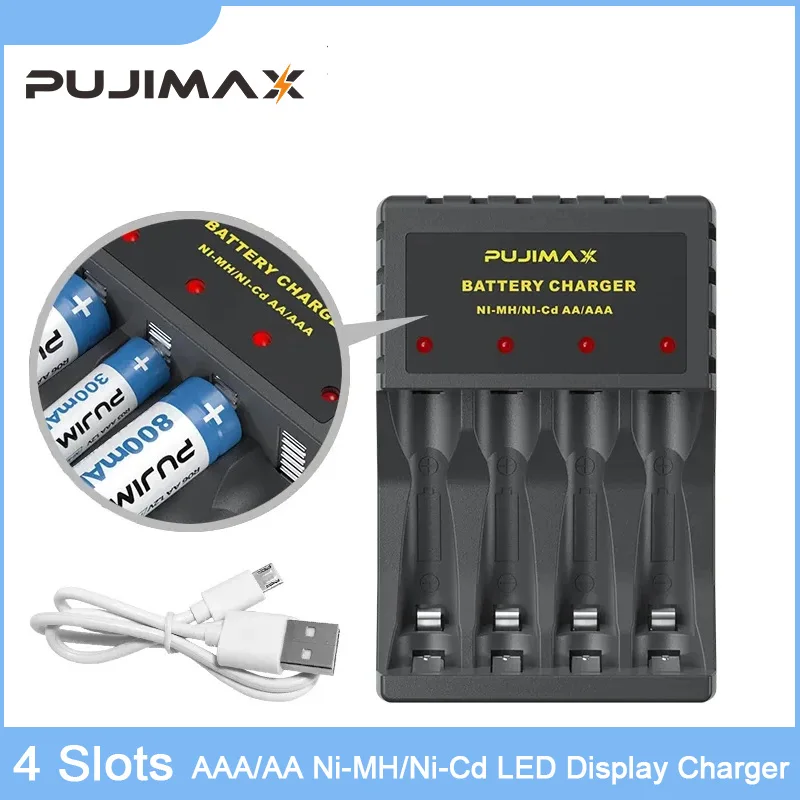 PUJIMAX 4-Slot NiMH/NiCd Battery Charger for 1.2v AAA/AA Rechargeable Battery Android USB/Type-C Interface Convenient Charging