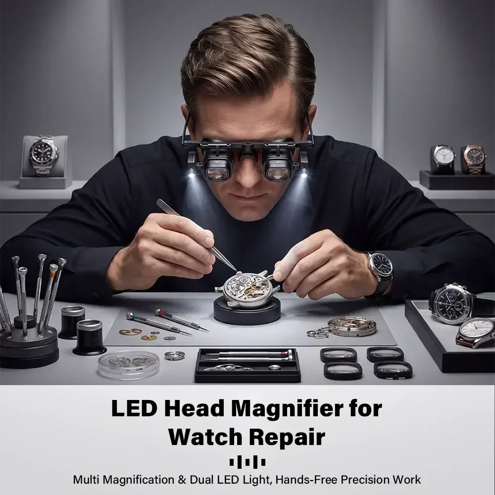 LED-Kopfvergrößerungsglas mit verstellbarem Kopfband, Lupenlinse, Vergrößerungsbrille, 23X, 15X, 8X, 2X, für Uhren- und Schmuckreparaturen. – Detail 11