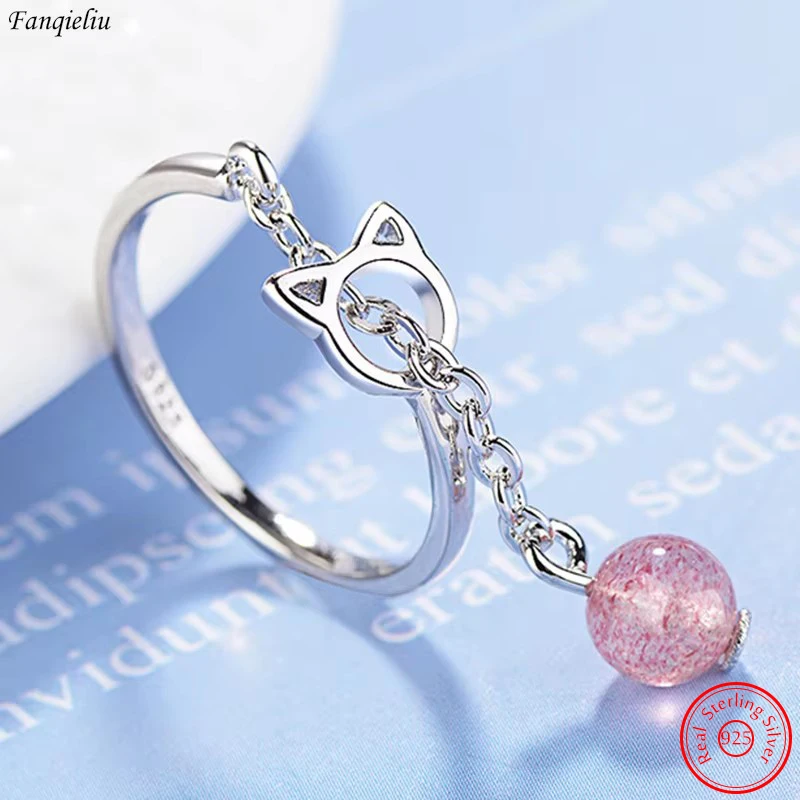 

Real 925 Sterling Silver New Fashion Cute Cat Crystal Beads Jewlery Ring For Women FQL23248