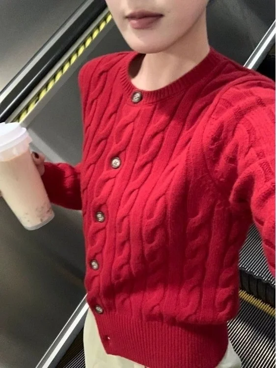 

Ele Red Vintage Twisted Knit Sweater Cardigan Women's Autumn Winter Slimming Waistcoat Knitted Outerwear Top