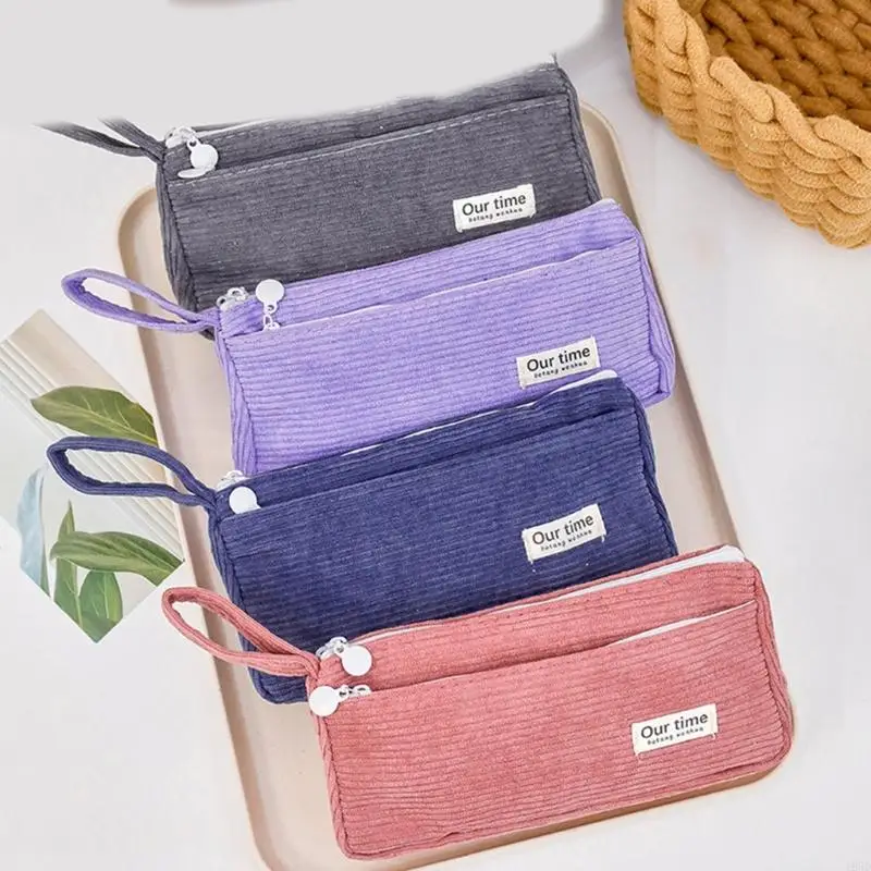 Bolsa de lápices de gran capacidad, estuche de bolígrafo de pana de doble capa, bolsas para bolígrafos con 2 compartimentos, organizadores de bolígrafos, bolsa de cosméticos de viaje