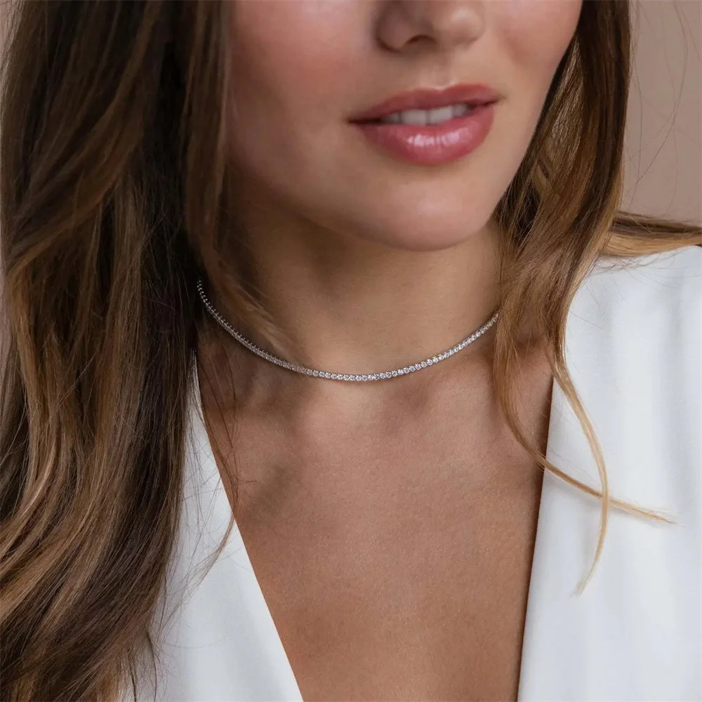 2mm Tennis Chain Choker Necklace Female Silver Color Stainless Steel Iced Out Neck Chain for Women Fashion Party Jewelry Gift