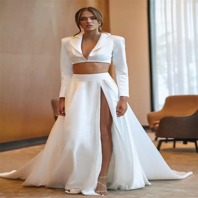 Side Split A Line Wedding Dresses Two Pieces Suit 3D Floral Appliques Pearls Long Sleeves Bridal Gowns Customized De Novia