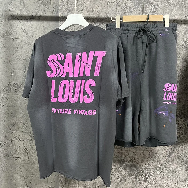 New SAINT LOUIS Shorts Vintage Wash Splashing Ink Letter Printing Men Woman Summer Oversized Drawstring Breeches