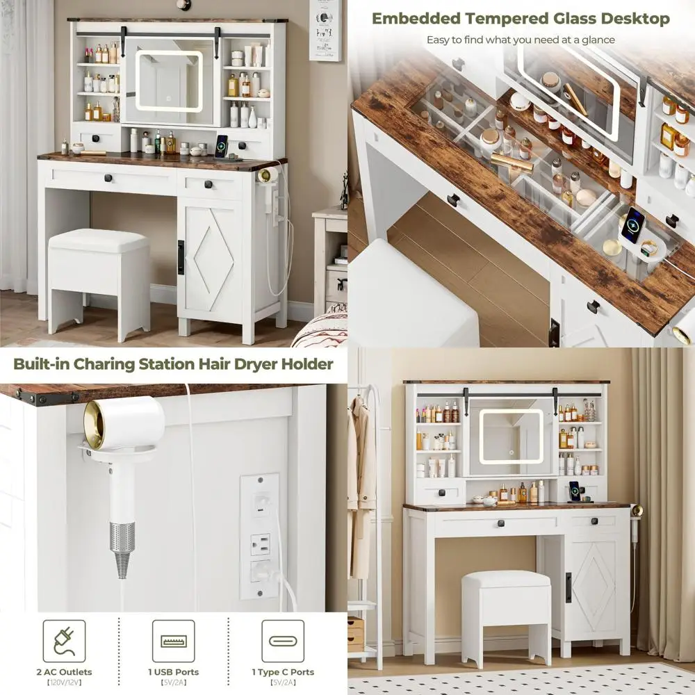 طاولة زينة للمكياج مع مرآة منزلقة، 3 ألوان إضاءة، مخرج طاقة، مكتب حديث على طراز المزرعة