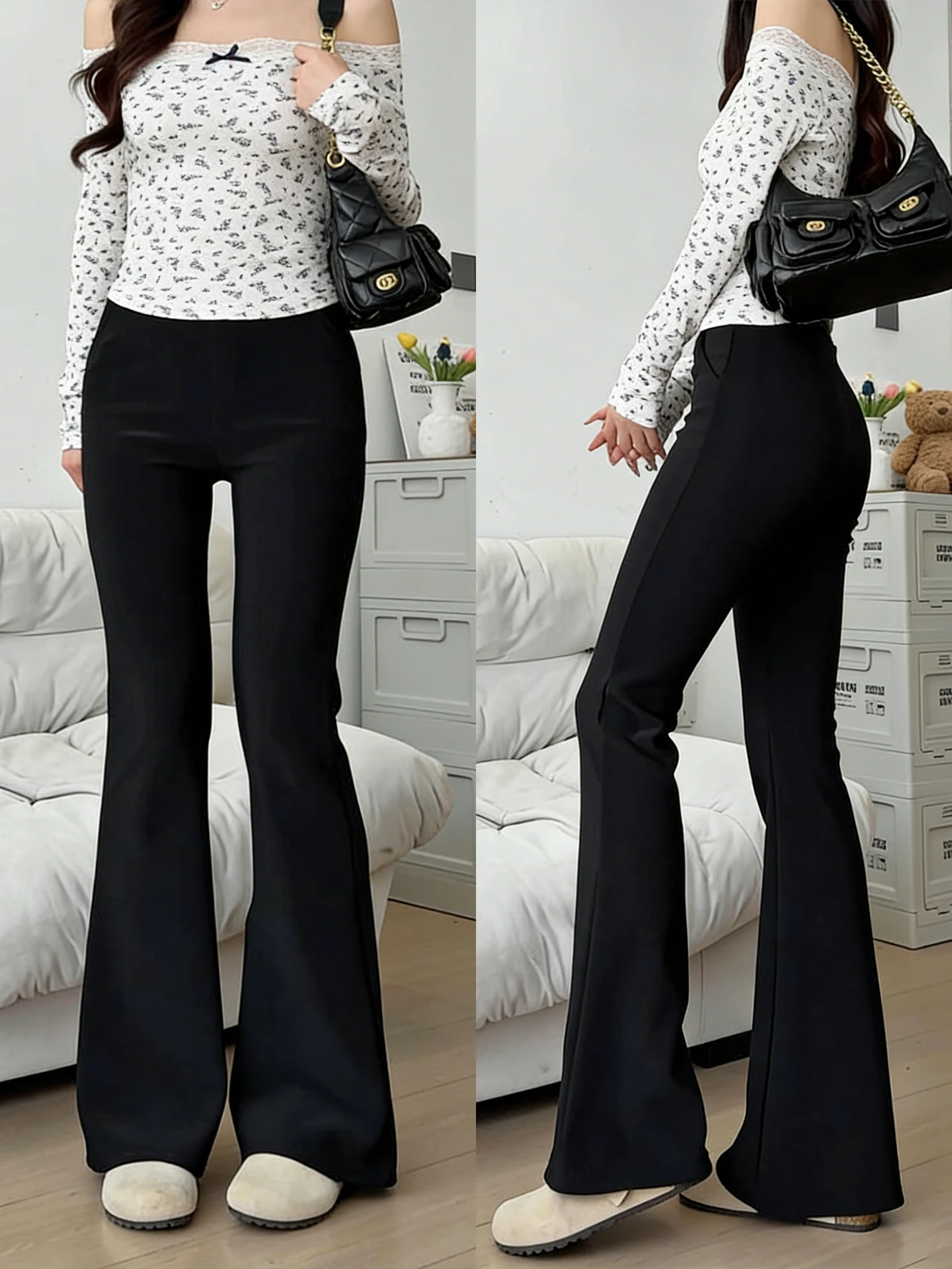 Black High Waist Flared Suit Pants Women Summer 2026 New plus Size Fashionable Casual Trousers with Pockets High Elasticity