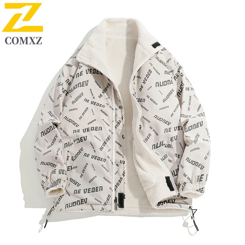 COMXZ Lamb Wool Fleece Jacket Winter Wear on Both Sides Cardigan Jackets Stand Collar Design Outdoor Travel Windproof Clothing