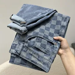 Pantalones vaqueros con estampado cuadrado para hombre, moda de alta gama, asequible, estilo coreano de lujo, pantalones ajustados elásticos que combinan con todo