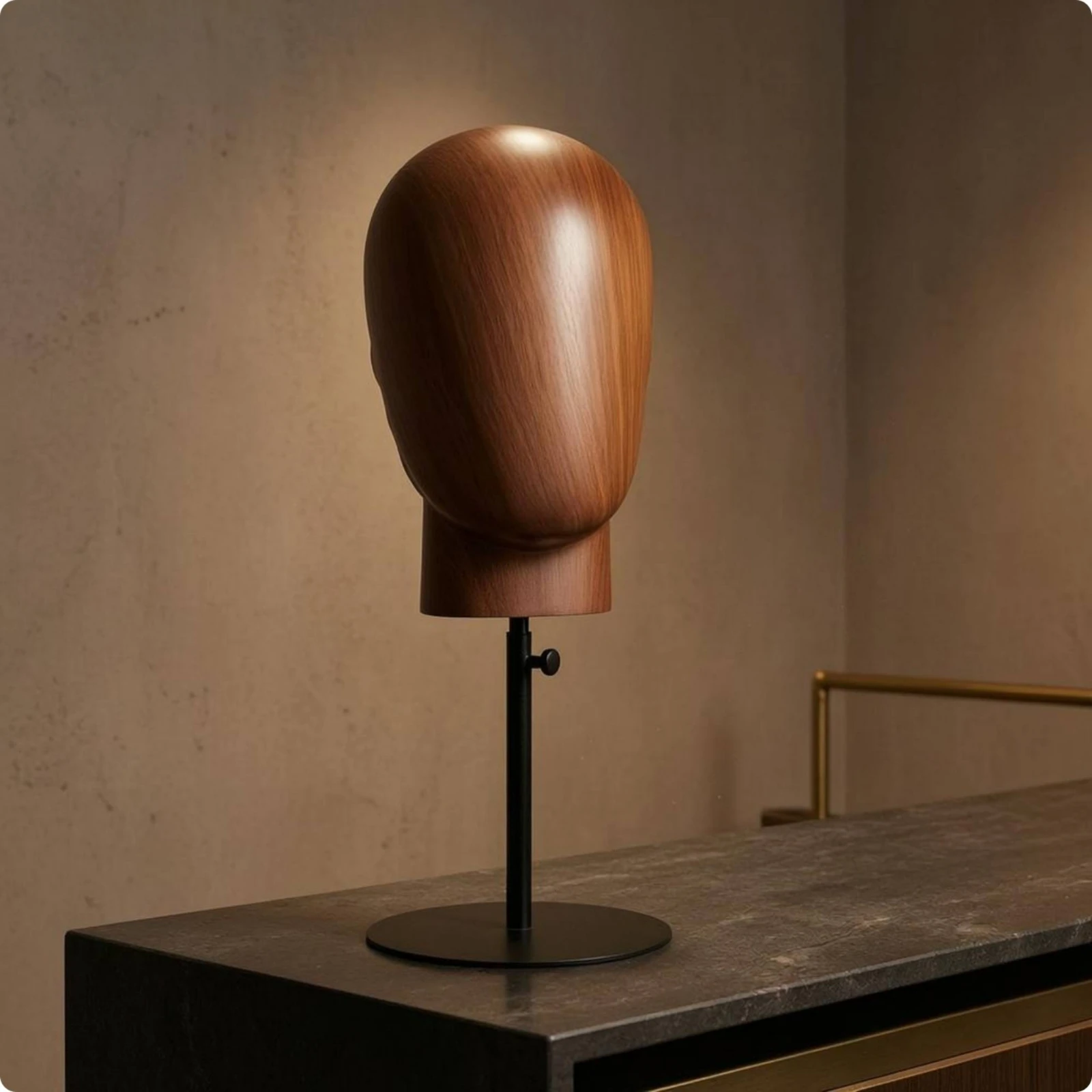 Head-Shaped Display Stand Adjustable Height Hairpiece Stand Hat Display Head Wood-Grain Finish Beauty Supply Metal Pole