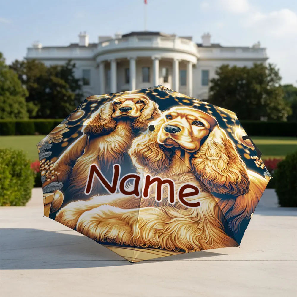 Custom Name umbrella,Golden Retriever Dogs with Christmas Ornaments Art Fashion Folding Umbrella for Sunny and Rainy Days,Gift